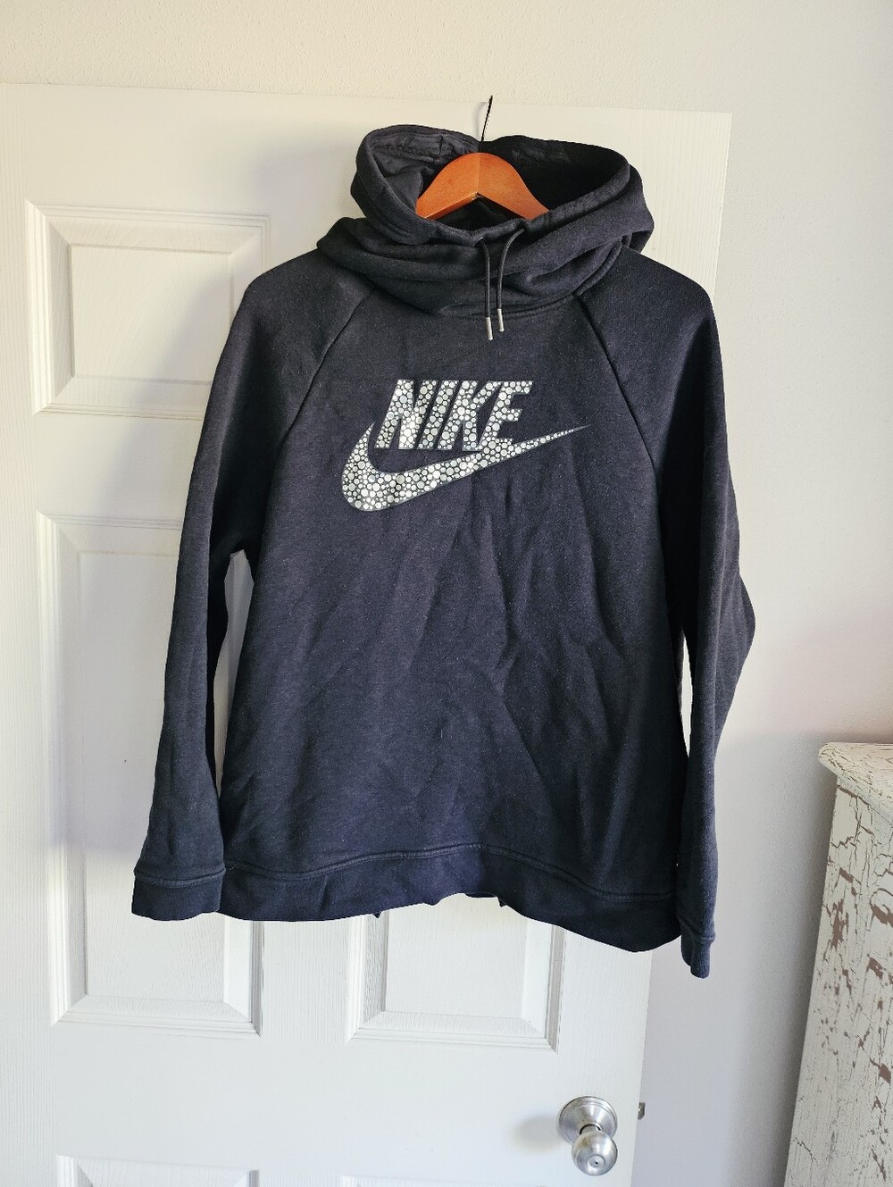 Nike Cowl Neck Hoodie Pullover Sweatshirt Womens XL Black Shiny Swoosh Logo